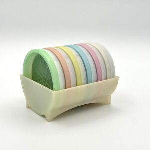 Vintage Tupperware Wagon Wheel Coasters Pastel Set 6 w/ Holder Caddy Retro